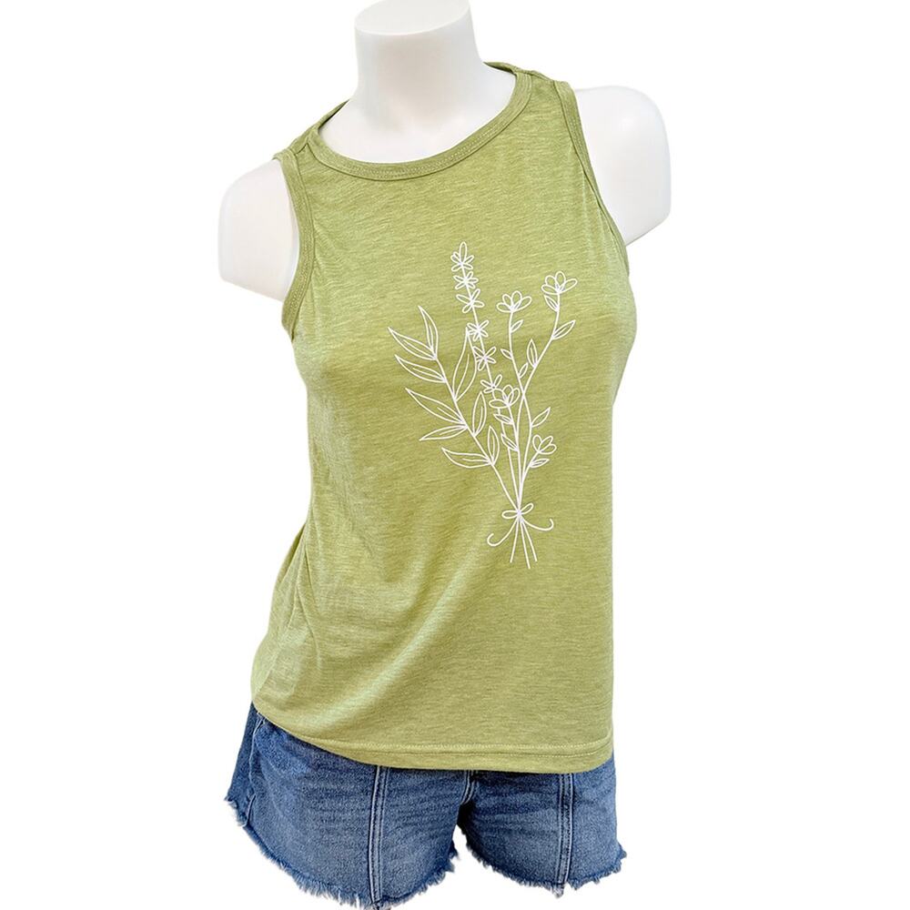 floral minimalist line tank top green boho-indie cottage simple women medium